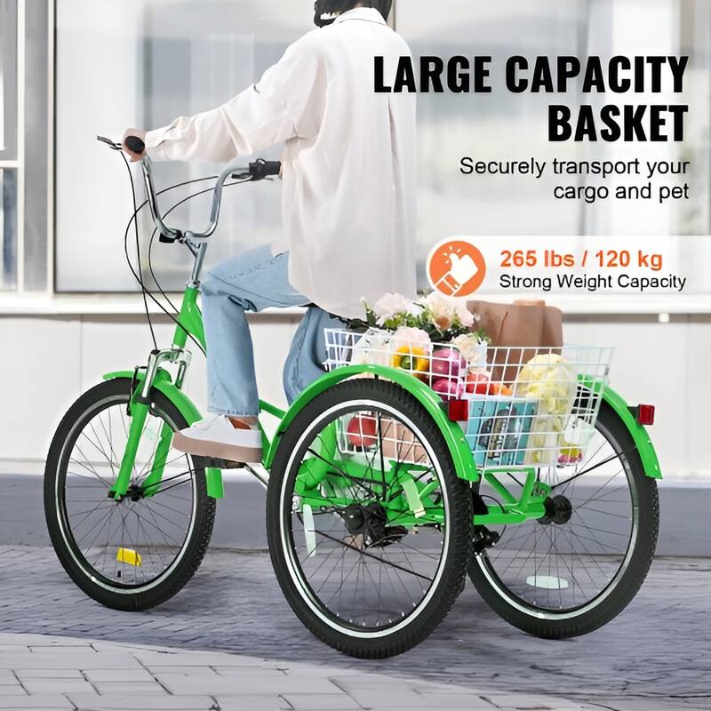 24-Inch Folding Adult Tricycle, 7-Speed Carbon Steel 3-Wheel Bike with Basket - 70.9 x 29.9 x 45.9 in