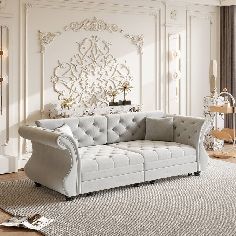 83.8" Chesterfield Velvet Pull-Out Sofa Bed, Classic Roll Arm Sleeper Couch with Elegant Flower Tufting