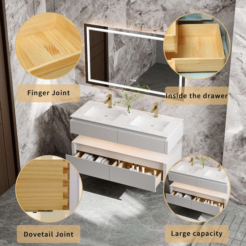 Modland 48" Modern Wall-Mounted Double Sink Bathroom Vanity with Engineered Stone Countertop,LED Light