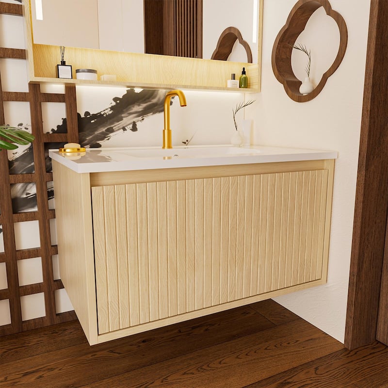 GDFStudio - Aero Modern Mid-Century Wall-Mounted Bathroom Vanity with Large Soft Close Drawer & Storage Spaces, WITHOUT Sink