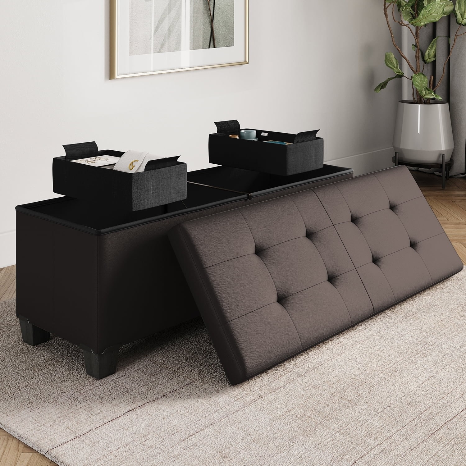 43-inch Storage Ottoman Bench with Removable Bins, Foldable Design for Living Room