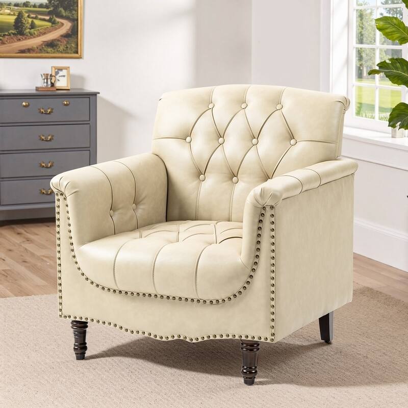 Modern Tufted Accent Chair with Nailhead Trim, Faux Leather Armchair
