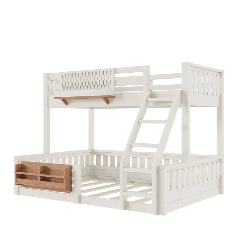 Roomfitters Bunk Bed with Bookshelf and Pegboard, Solid Wood Split Frame