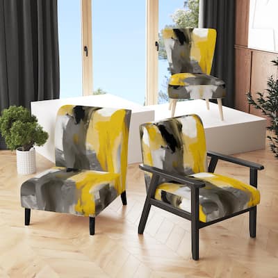 Designart "Mustard Yellow And Vivid Gray II" Upholstered Abstract Accent Chair and Modern & Contemporary Arm Chair