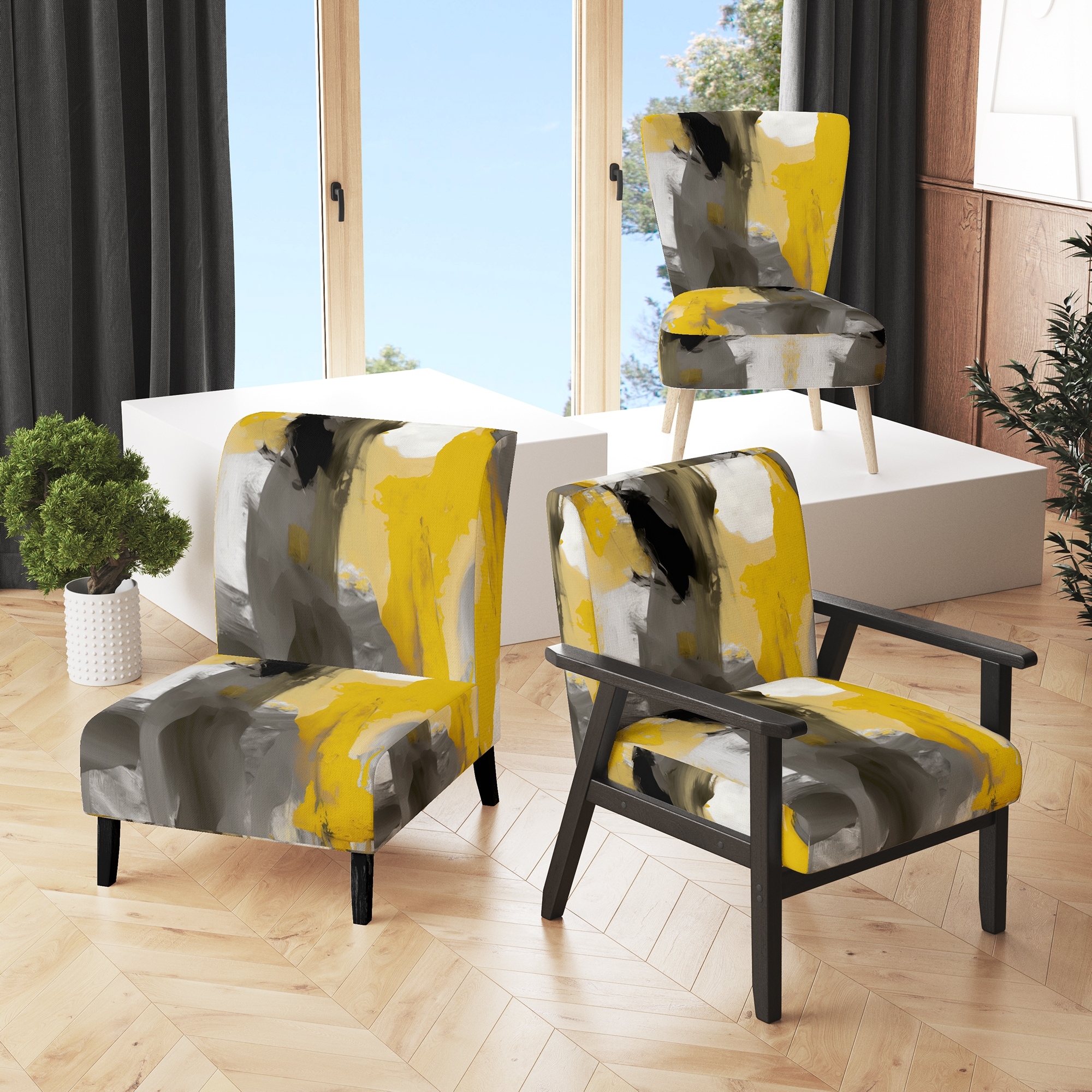 Designart "Mustard Yellow And Vivid Gray II" Upholstered Abstract Accent Chair and Modern & Contemporary Arm Chair