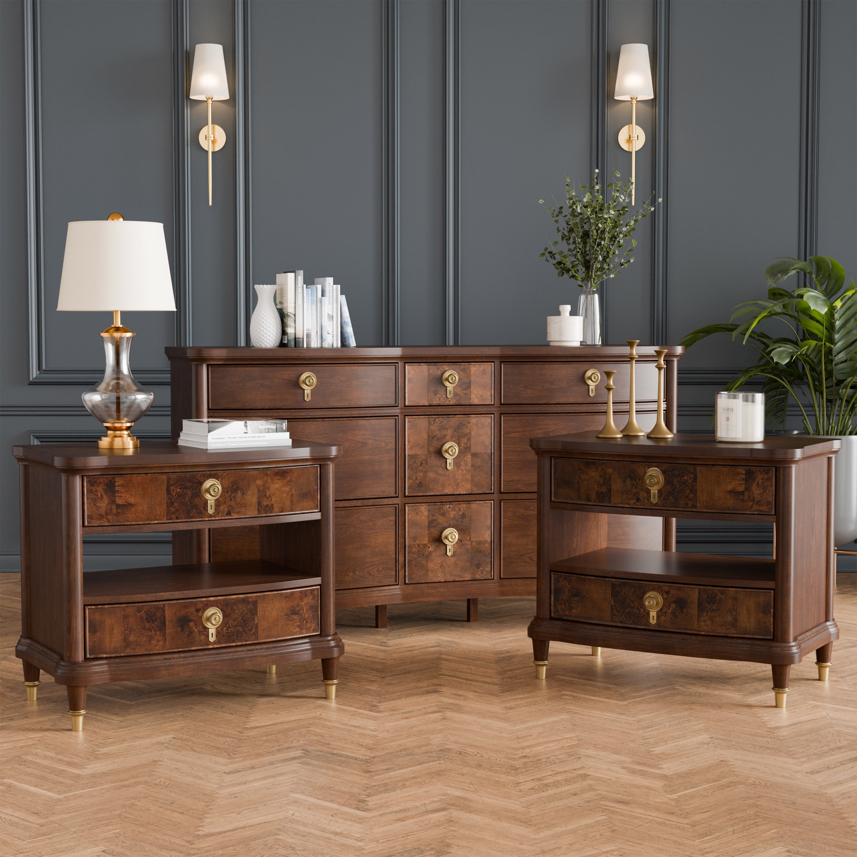 Furniture of America Prylen Modern 3-Piece Dark Cherry Solid Wood Dresser and 2-Nightstand Bedroom Set