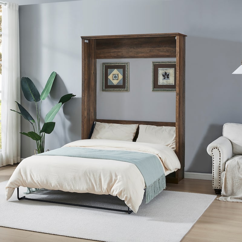 Space-Saving Modern Murphy Bed with Dual Piston Lift - Foldable Platform Bed Convertible Hidden Cabinet Design Cube Cabinet Bed - Brown - Full