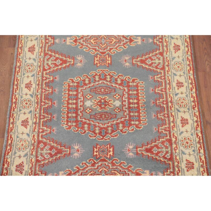 Gray Geometric Kazak Accent Rug Hand-Knotted Oriental Wool Carpet - 2'11"x 5'1"