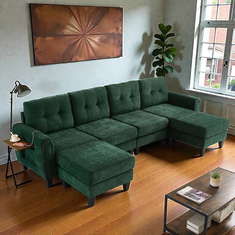 Modern 115" U-Shaped Modular Sectional Sofa with 2 Ottomans, USB Charging Ports, Foldable Side Tables, Chenille Upholstery - Green