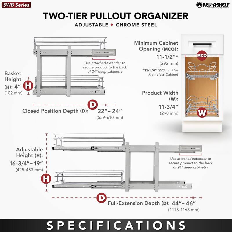 Rev-A-Shelf Pullout 2-Tier Basket Organizer for Kitchen Cabinets, 9 x 22 In, 5WB2-0922CR-1