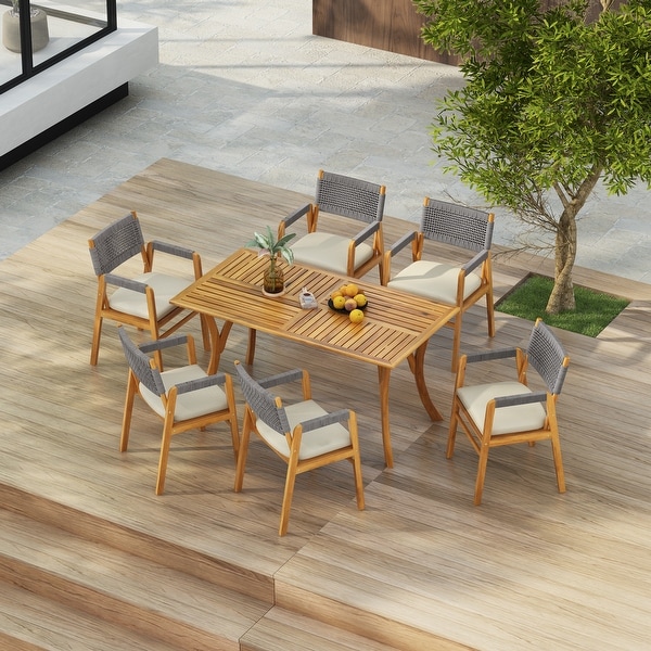 Holomn Outdoor 7-piece Acacia Wood Dining Set with Rope Chairs by