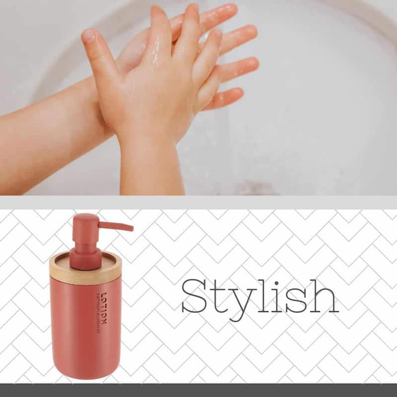 Elegant Soap Dispenser - Polyresin and Bamboo Design, Refillable Liquid Pump - 3 L x 3 W X 7 h