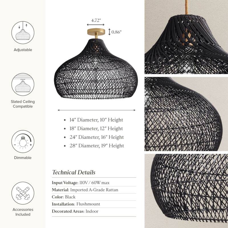 Latigo Rattan Flush Mount - Rattan Black 1-Light Handwoven Ceiling Light for Bedroom or Dining Room in Farmhouse, Country Style
