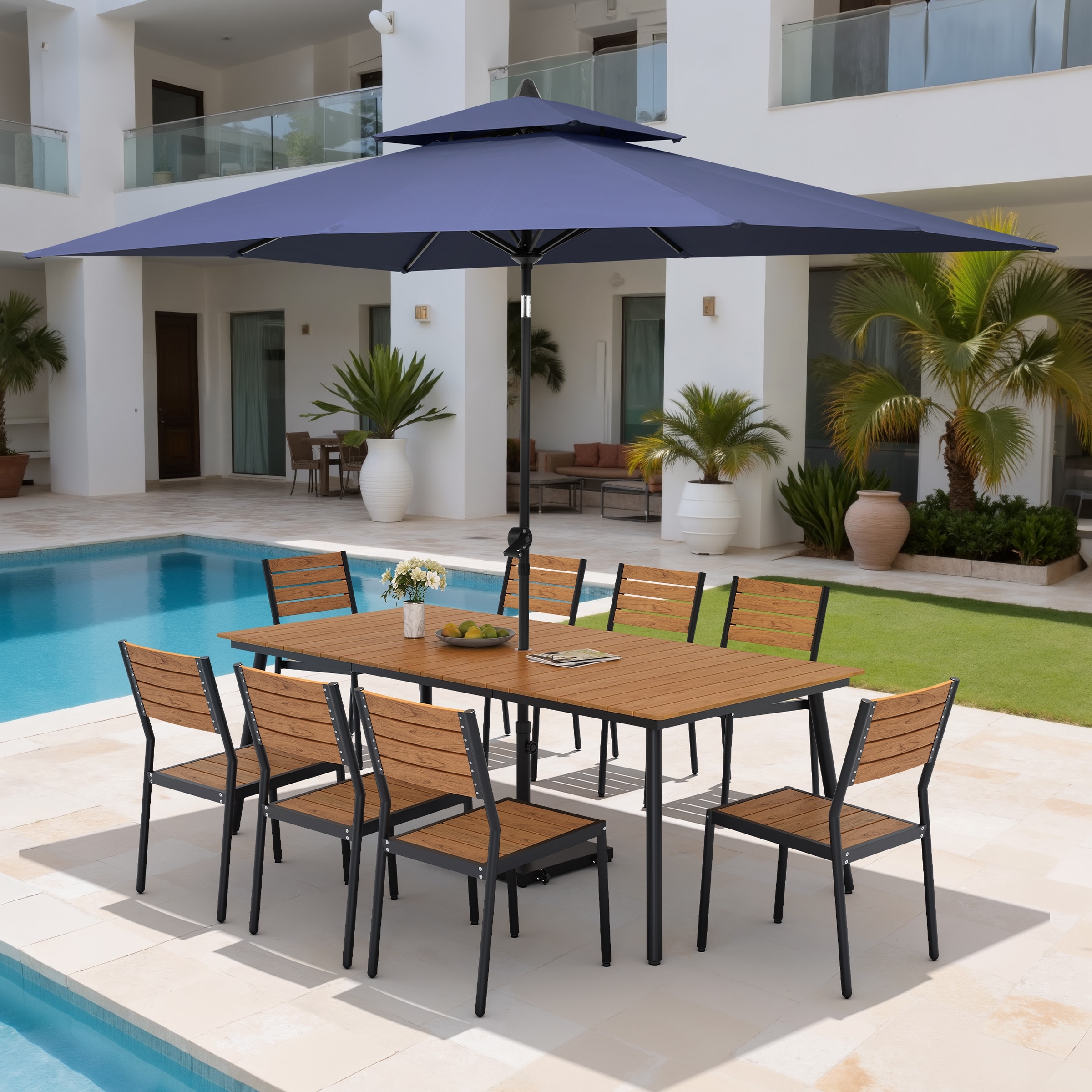11PC Outdoor Patio Dining Set Wood-Like Aluminum Table with Stackable Chairs,Double Top Market Umbrella and Wheel Base