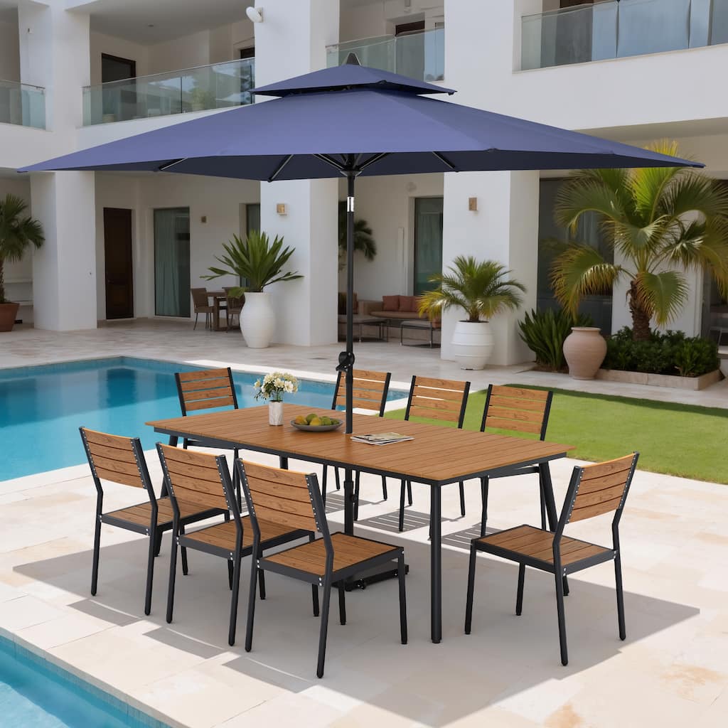 11PC Outdoor Patio Dining Set Wood-Like Aluminum Table with Stackable Chairs,Double Top Market Umbrella and Wheel Base