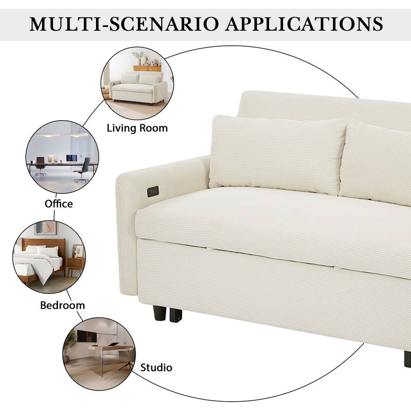 57.48" Corduroy Convertible Sofa Bed with Pull-Out Sleeper, Adjustable Backrest & USB