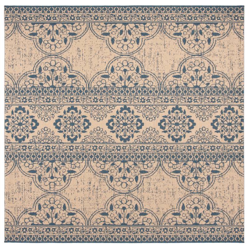 SAFAVIEH Linden Aysel Indoor/ Outdoor Waterproof Patio Backyard Rug - 6'7" Square - Blue/Creme