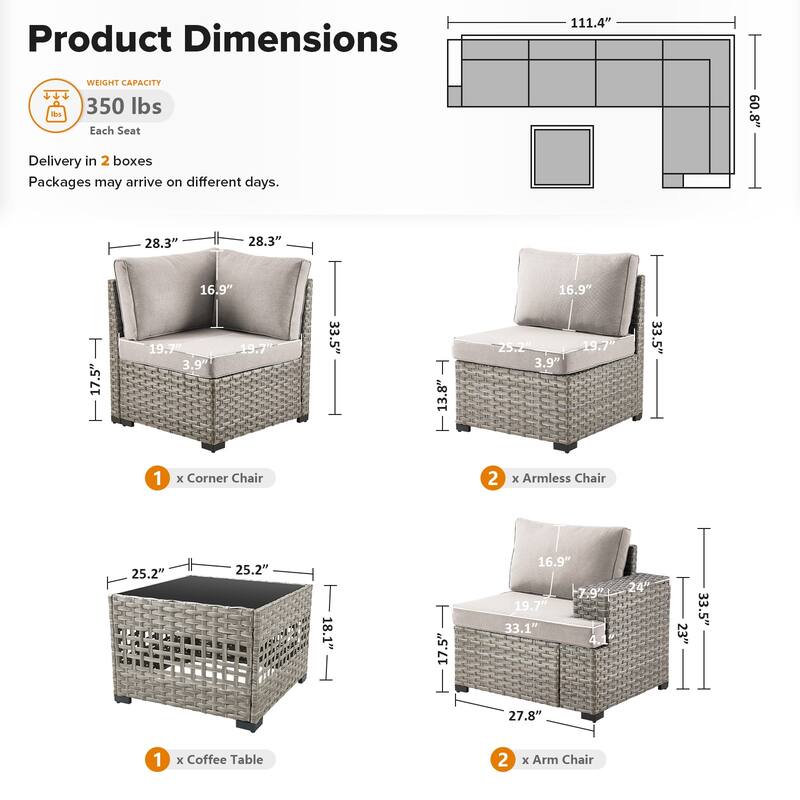 Gymojoy Outdoor Wicker Sectional Sofa Set with Glass Table, Wide Armrests & Water-resistant Cushions, Patio Furniture for Garden