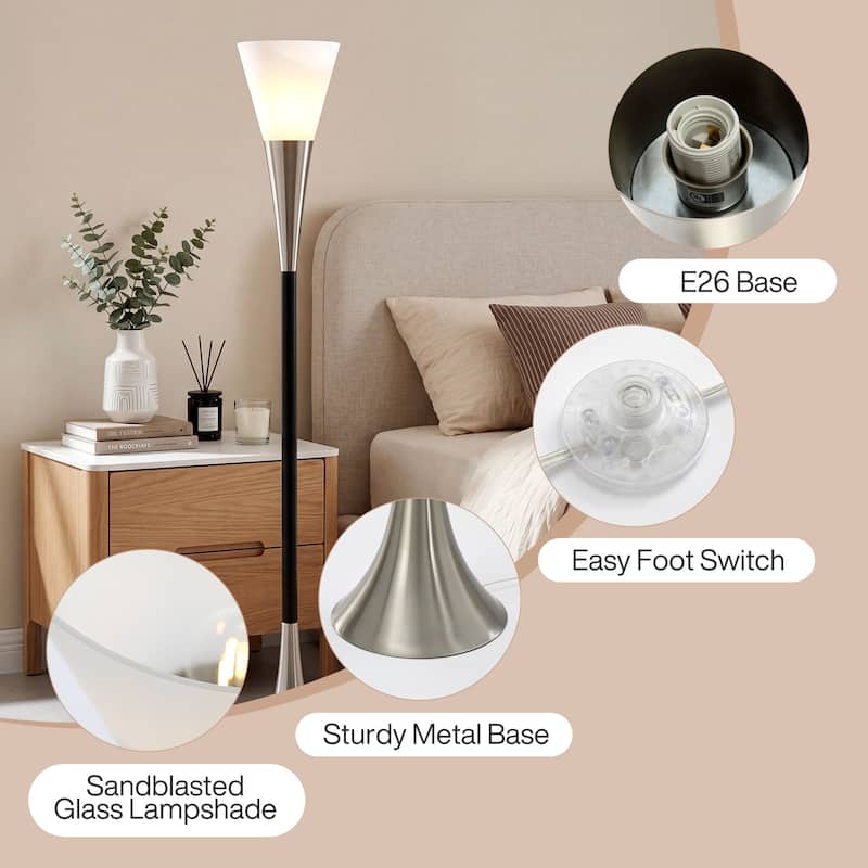 Floor Lamp with Sandblasted Glass Shade E26 Base | Foot Switch | Sturdy Metal Construction | Soft & Even Lighting
