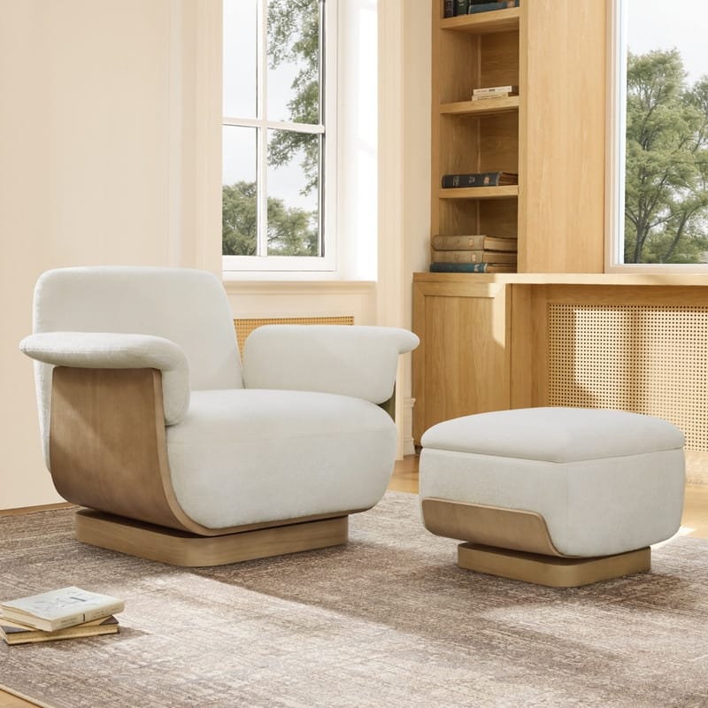 Spruce & Spring Modern Rounded Swivel Accent Chair & Storage Ottoman Set Living Room Set - Single - Cream-Fabric