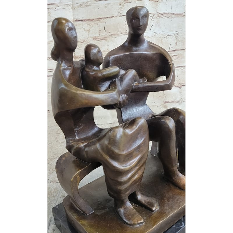 Henry Moore Family In Park Bench Bronze Sculpture Marble Base Abstract Statue Nr