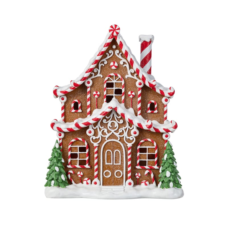 Glitzhome Lighted Christmas Gingerbread House Resin Village Xmas Table Decor Collectible Figurines