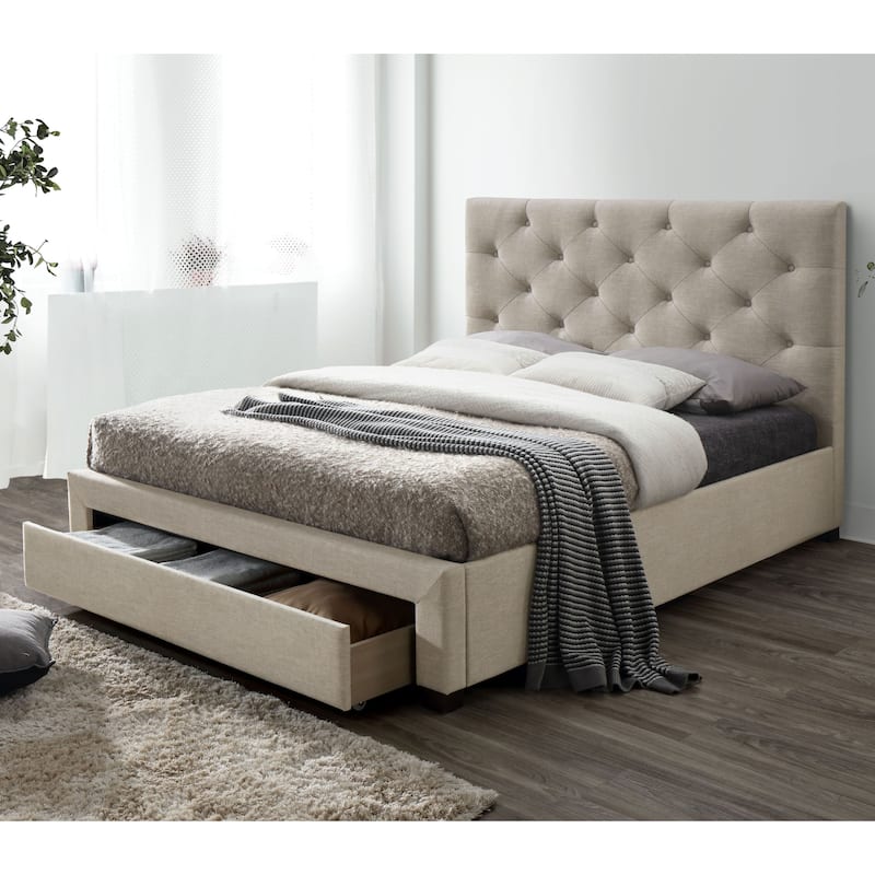 Furniture of America Malaer Modern Tufted 1-drawer Platform Bed - Beige - King