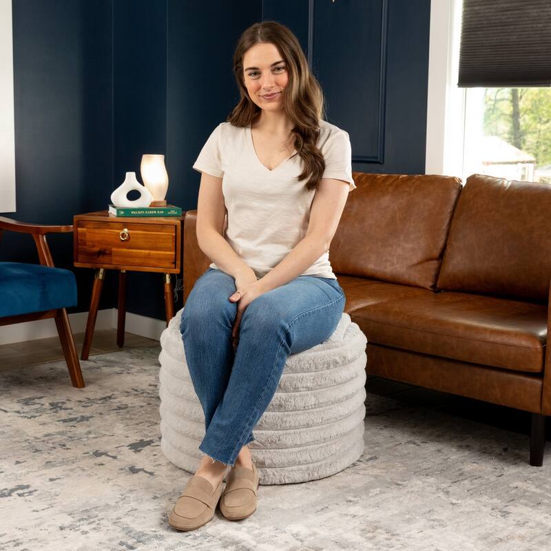 Faux Fur Ribbed Plush Pouf Ottoman - 22" - Gray