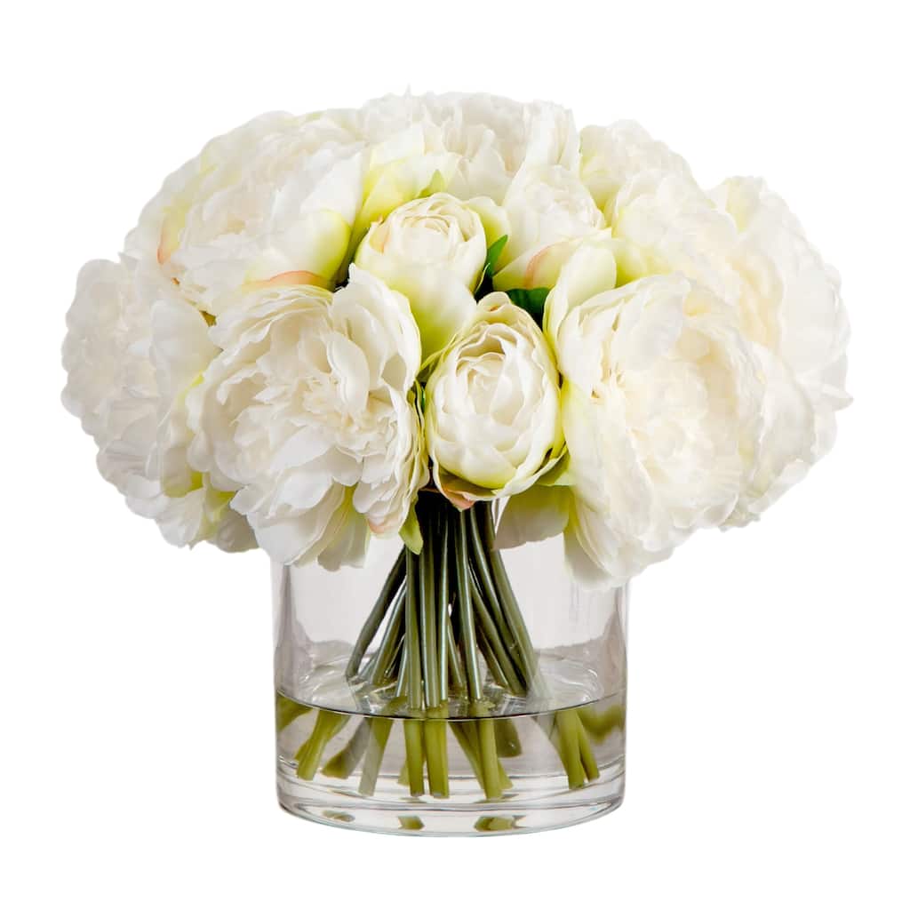 11-in Artificial Peony Arrangement in Glass Vase