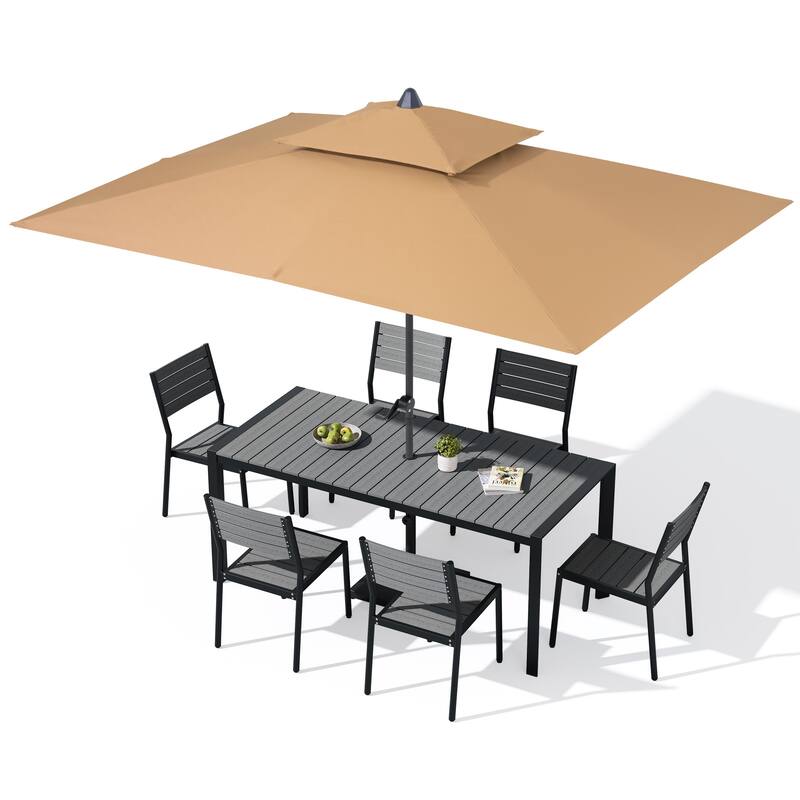 9/11-Piece Outdoor Dining Set w/10 ft Umbrella and Base Aluminum Dining Table and Stackable Chairs