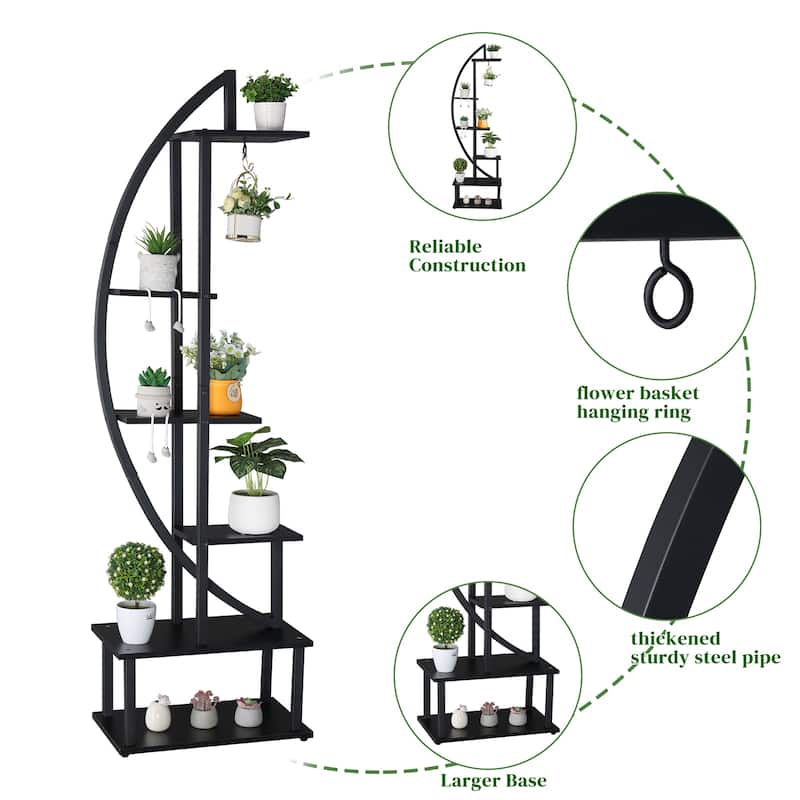 2pcs Half Moon Floor Plant Stand,Ironwood 6-layer Flower Stand Black