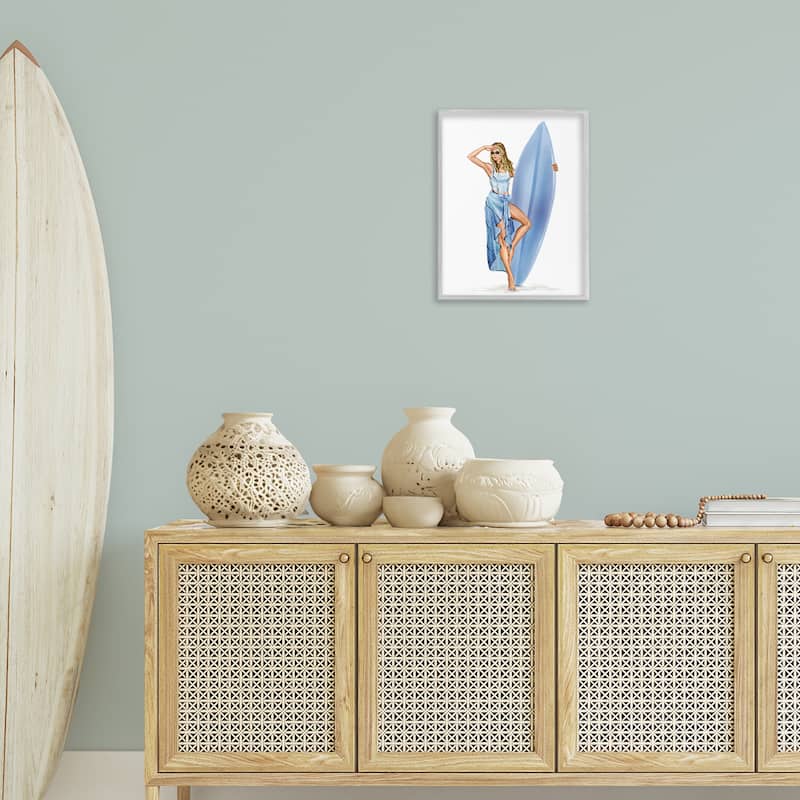 Stupell Trendy Surfer Girl in Blue Framed Giclee Art Design By Ziwei Li