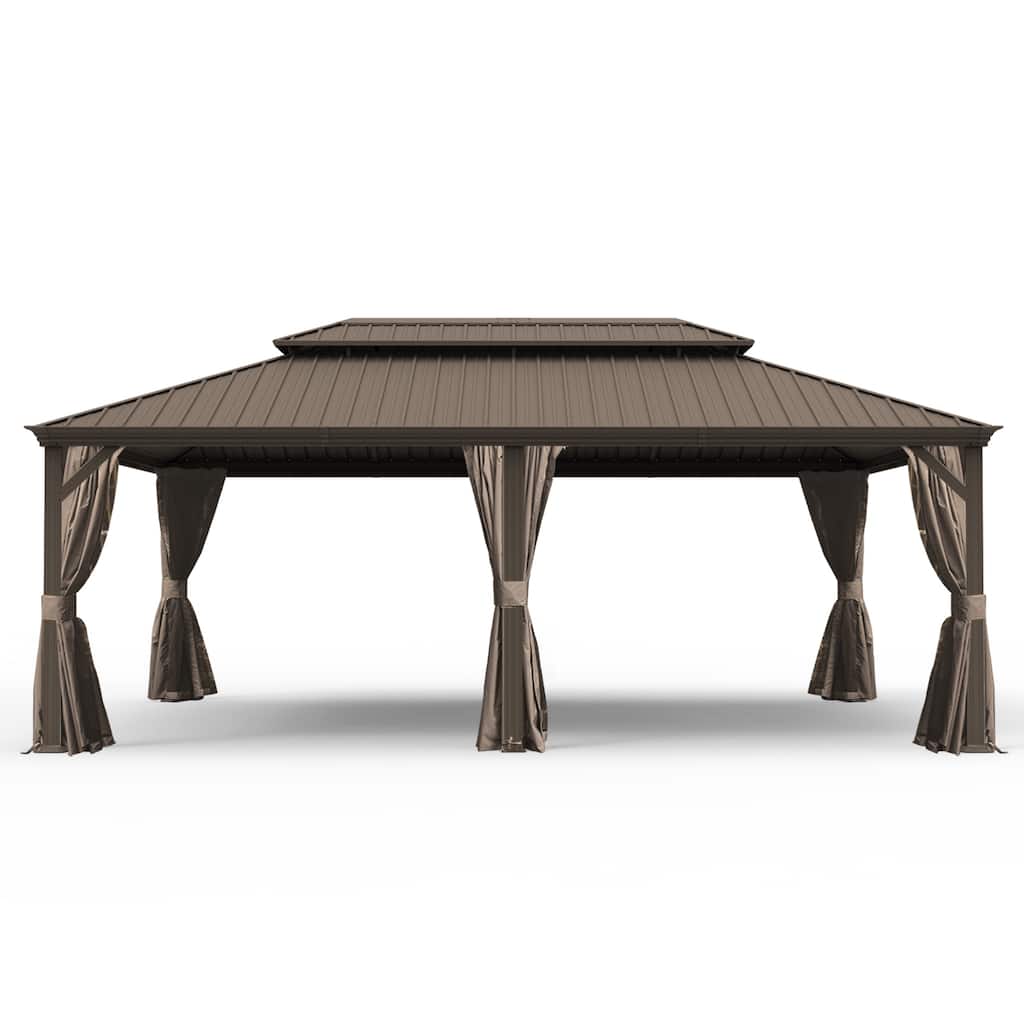 14' X 24' Hardtop Gazebo with Drainage System, Galvanized Steel Roof, Curtains and Netting, Outdoor Shelter for Patio, Garden