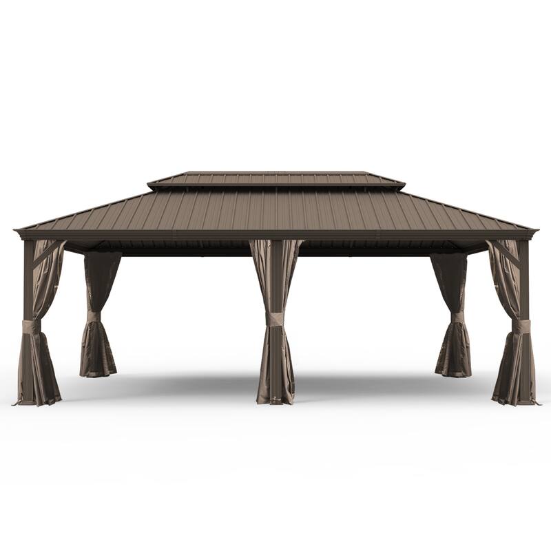 14' X 24' Hardtop Gazebo with Drainage System, Galvanized Steel Roof, Curtains and Netting, Outdoor Shelter for Patio, Garden - Brown
