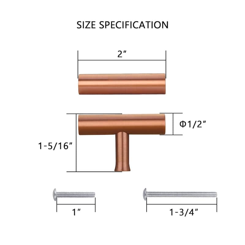 Copper Kitchen T Bar Cabinet Pulls 100% Solid Brass Drawer Knob (10-PACK)