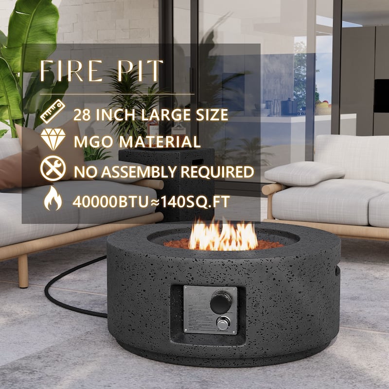 COSIEST 2-Piece Outdoor Round Firepit with Tank Cover Table - 28" W x 28" L x 12" H
