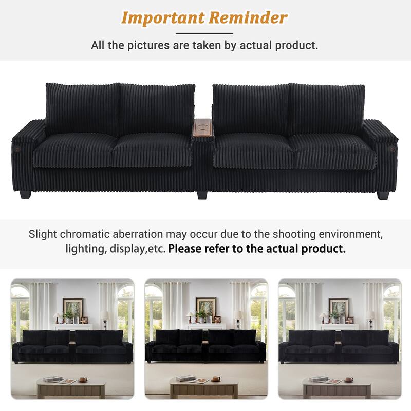 133" Corduroy 4-Seater Sofa with USB Ports, Flip-Top Cup Holders, and Hidden Storage