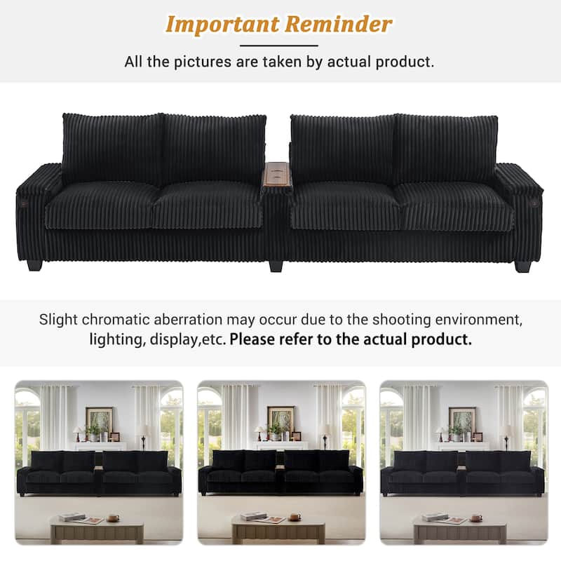 4-seater Corduroy Sofa Couch 133" Modern Sofa with USB Ports, Hidden Storage Arms, Flip-Top Cup Holders for Living Room