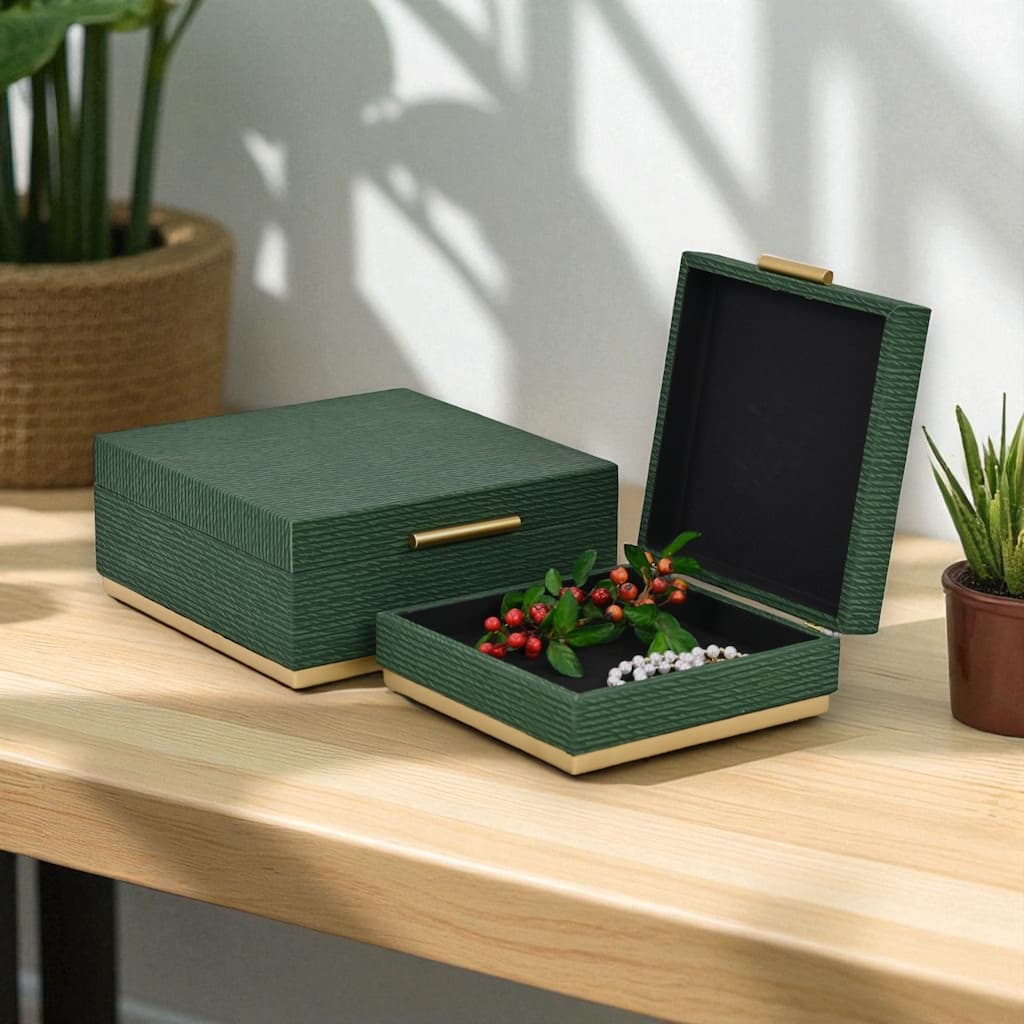 Eira Set of 2 Square Decorative Storage Boxes - Retro Stripe Pattern with Gold Hardware