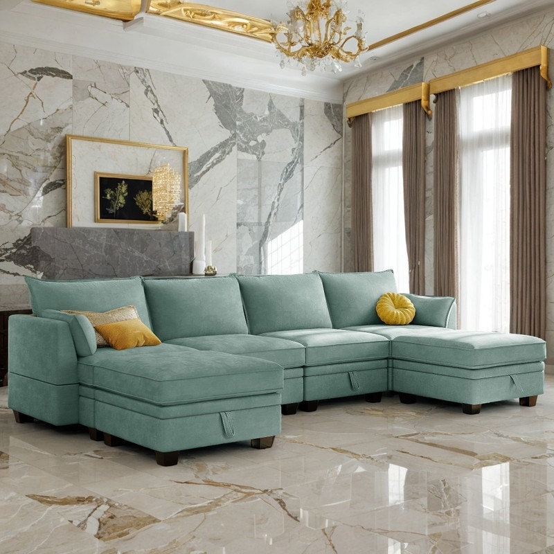Modern U Shape 6 Seat Modular Sofa Convertible Sofa Bed with Reversible Chaise and Storage Seat for Living Room Light Green