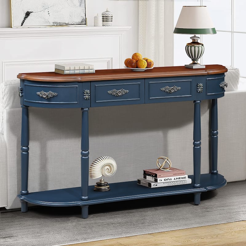 52" Curved Console Table Hallway Tables with Open Storage Shelf and Storage Drawers, Sofa Table Solid Wood Entryway Table - Blue