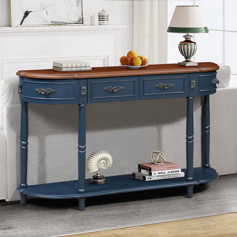 Retro Curved Wood Console Table with Open Shelf, Navy Blue Entryway Table Sofa Table Hallway Table with Drawers - Navy Blue