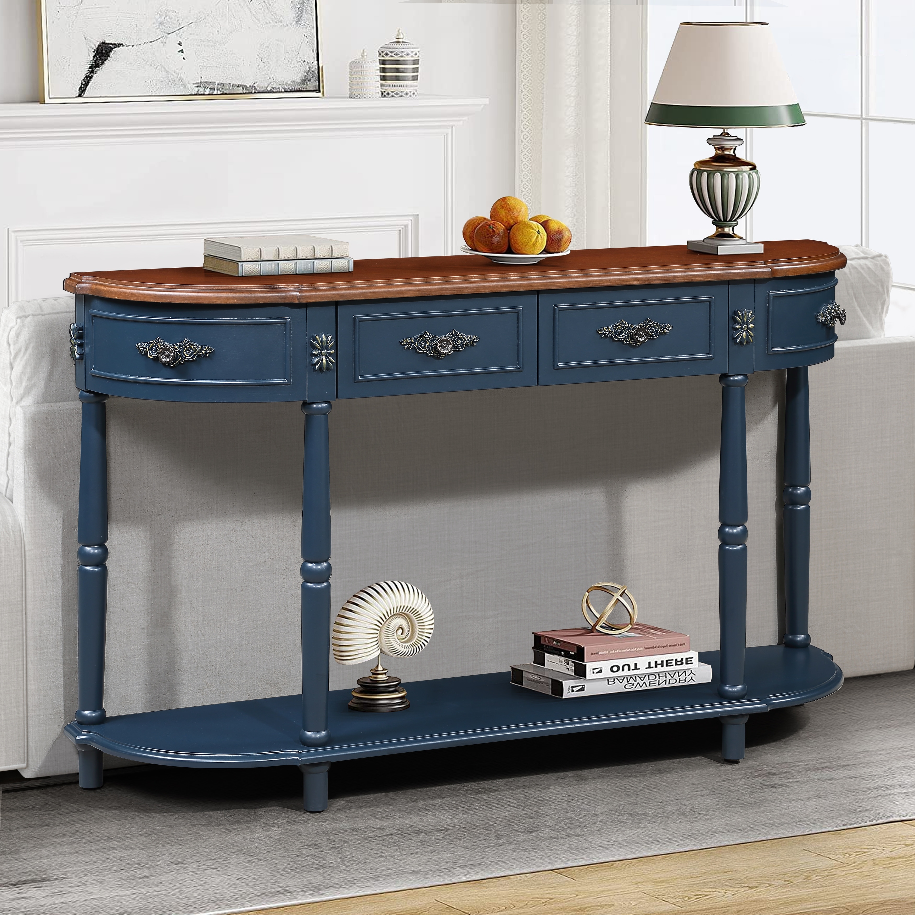 Retro Curved Wood Console Table with Open Shelf, Navy Blue Entryway Table Sofa Table Hallway Table with Drawers