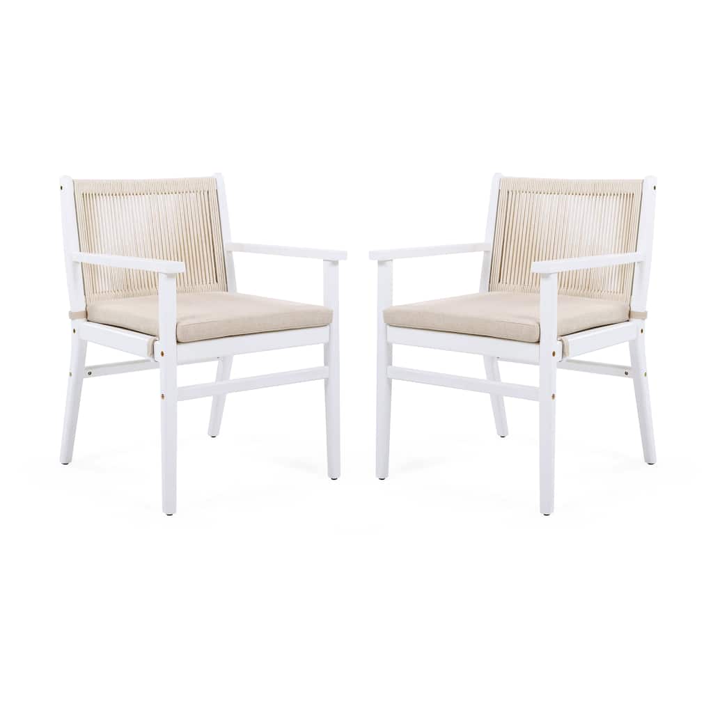Outdoor Dining Chairs Set of 2, Acacia Wood Patio Armchair with Rope Design Back and Water Repellent Cushion, White Frame