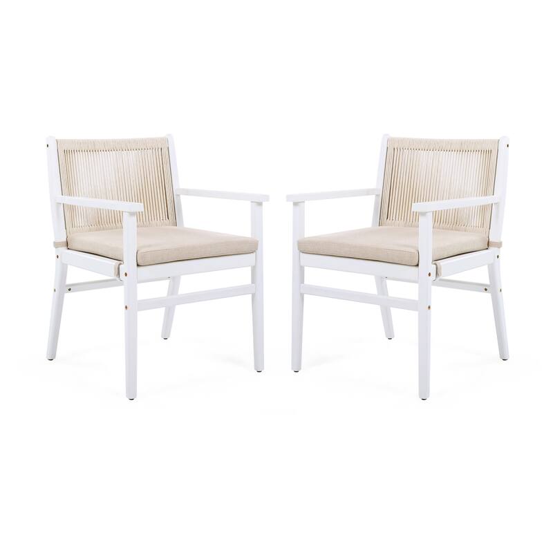 Roomfitters Outdoor Dining Chairs Set of 2, Acacia Wood Armchairs with Rope Back and Cushions, Patio Seating