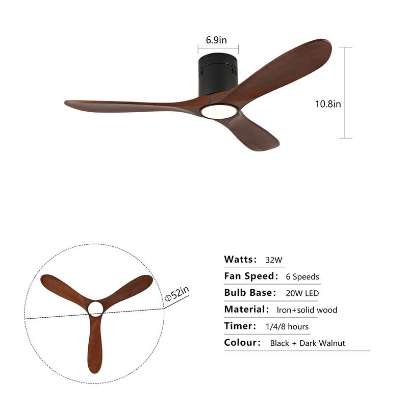 52-Inch Recessed Ceiling Fan With Light, Remote Control, Solid Wood Blades, Dimmable, Reversible, Quiet Operation - Black