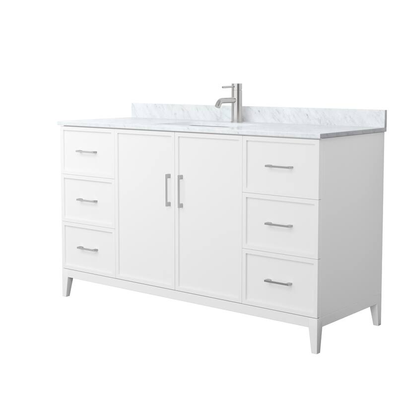 Elan 60-inch Single Vanity, Marble Top - White, Nickel Trim, White Carrara Marble Top