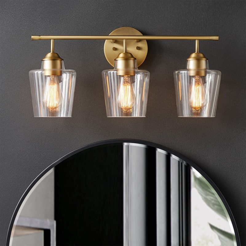 KAWOTI 3-Light Dimmable Bathroom Vanity Light with Glass Shade - L22" x W7" x H10.5" - Antique Brass