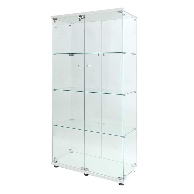 LED lights Glass Display Cabinet with 4-Shelves&2 Doors, Floor Standing Curio Bookshelf for Living Room Bedroom Collection Room