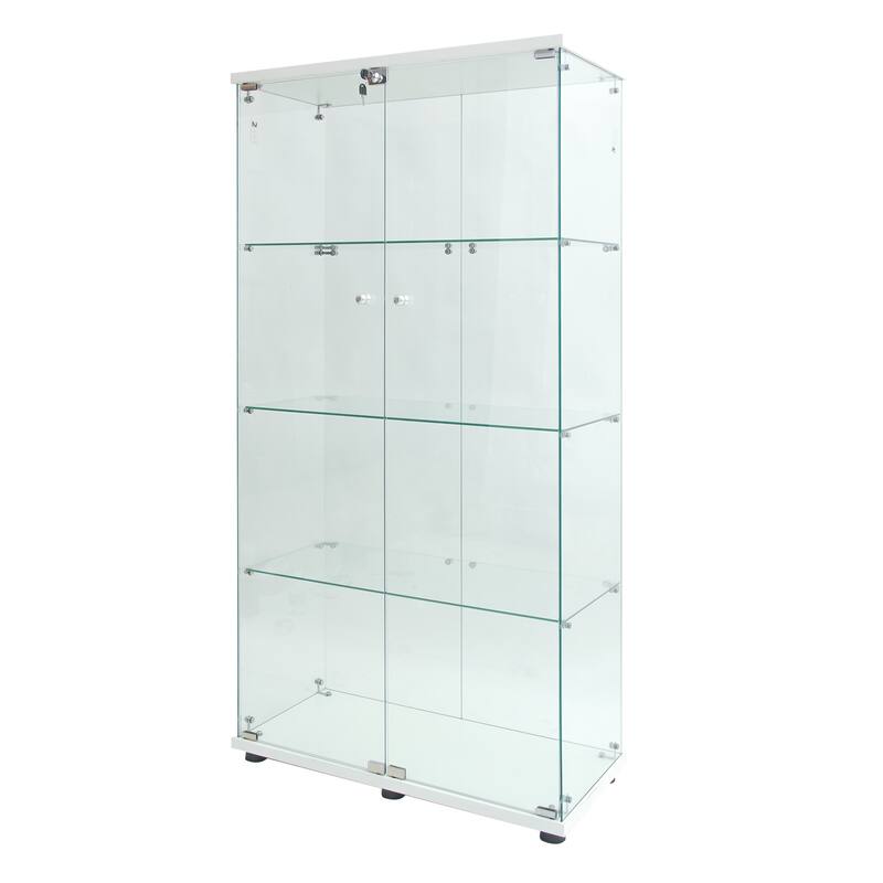 Two-Door LED Lights Glass Display Cabinet w/4 Shelves, Floor Standing Bookshelf for Living Room Bedroom Study or Collection Room